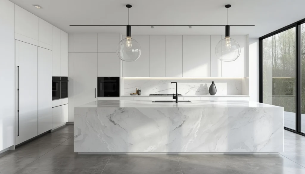 Modern White Kitchen with Waterfall Island