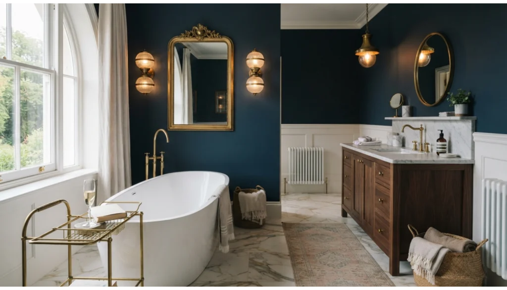 Moody Midnight Blue Bathroom with Layered Lighting