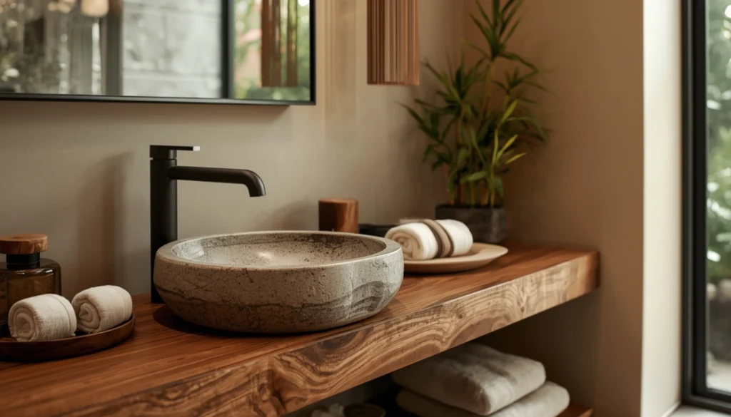 Natural Stone Basin on Wood Countertop