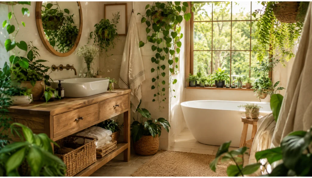Nature Inspired Cottage Bathroom with Indoor Plants