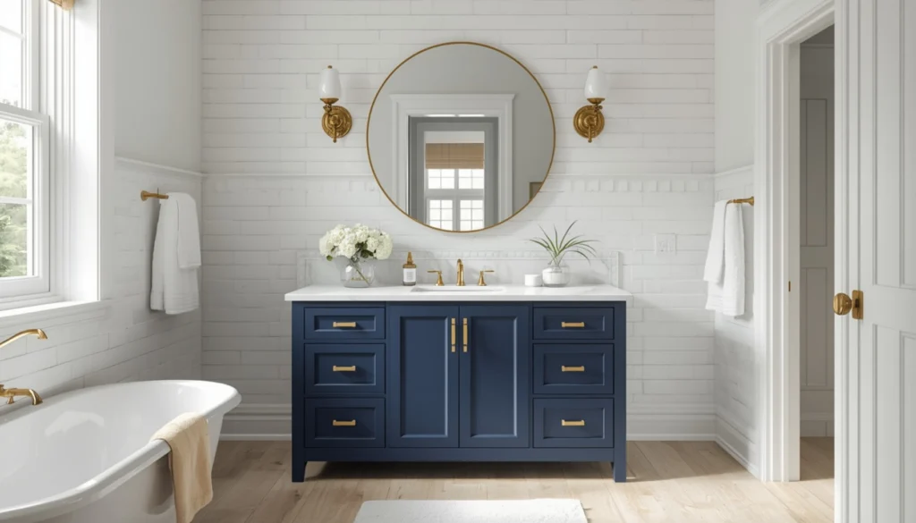 Navy Blue Vanity with White Marble Accents