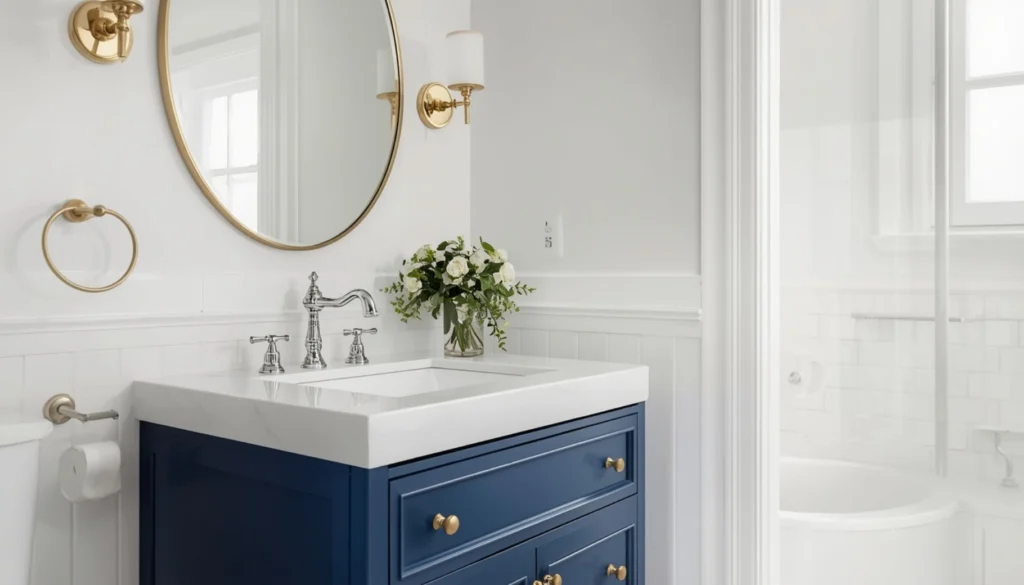 Navy Blue Vanity with White Quartz Sink