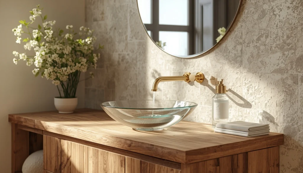 Round Glass Vessel Sink with Wooden Vanity
