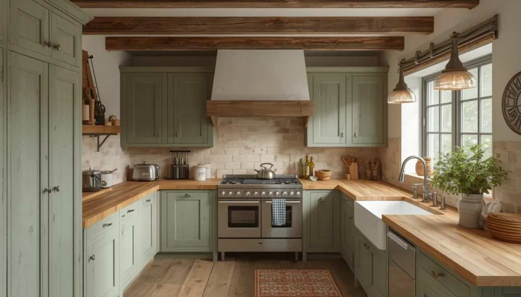 Rustic Sage Green Kitchen with Exposed Wood