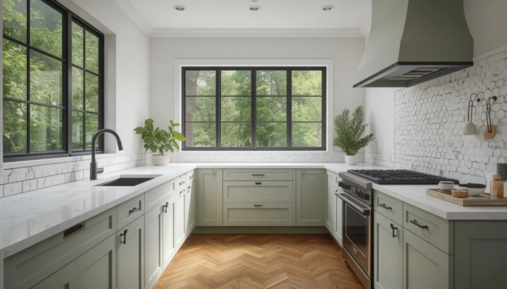Sage Green Cabinets with Black Hardware
