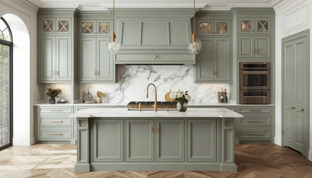Sage Green Cabinets with Marble Accents