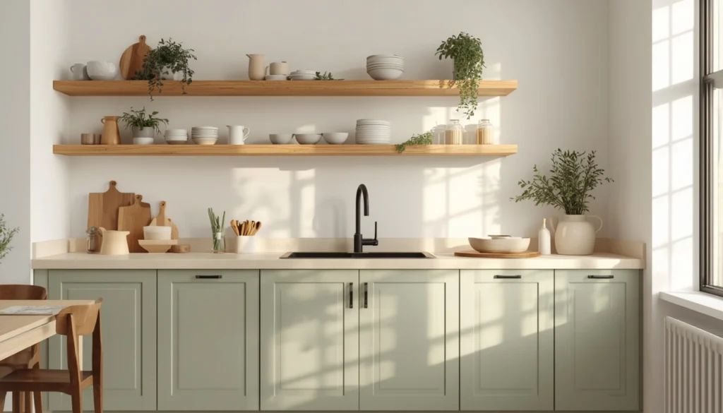 Sage Green Cabinets with Natural Oak Shelving