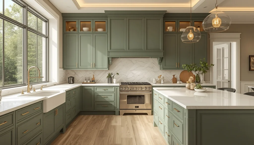 Sage Green Kitchen with Ceiling Height Cabinets