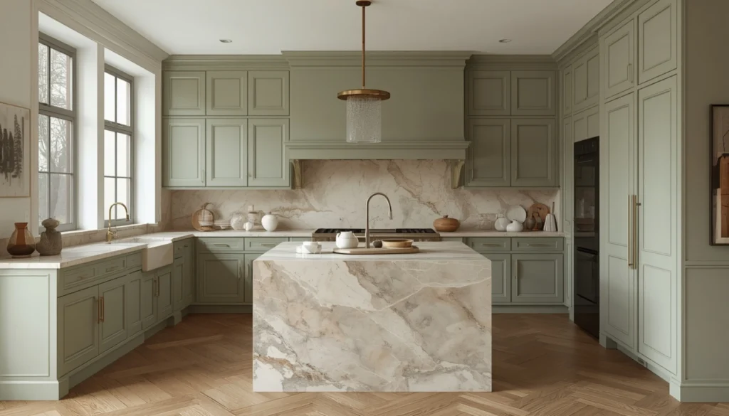 Sage Green Kitchen with Natural Stone Countertops