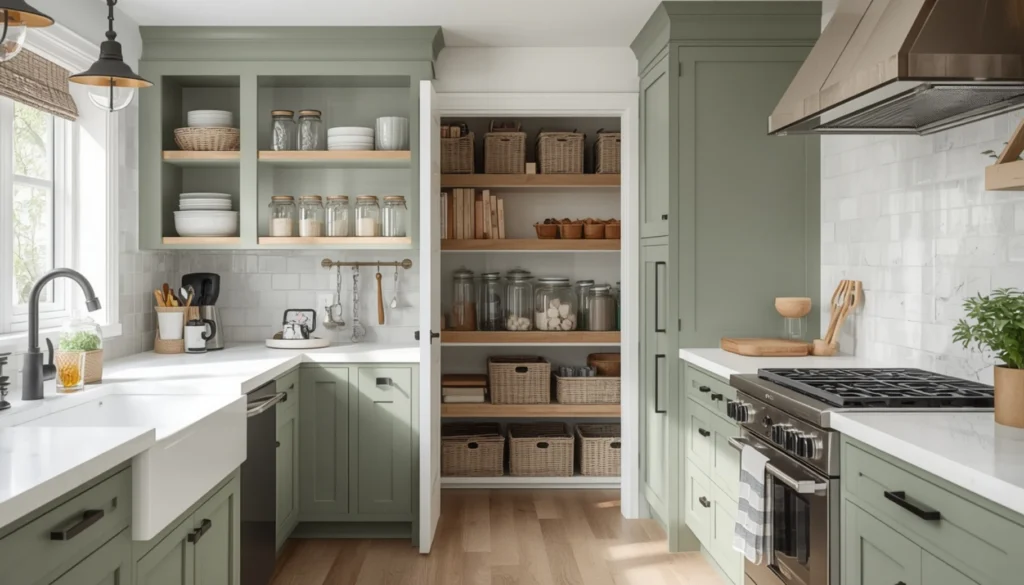Sage Green Kitchen with Open Pantry
