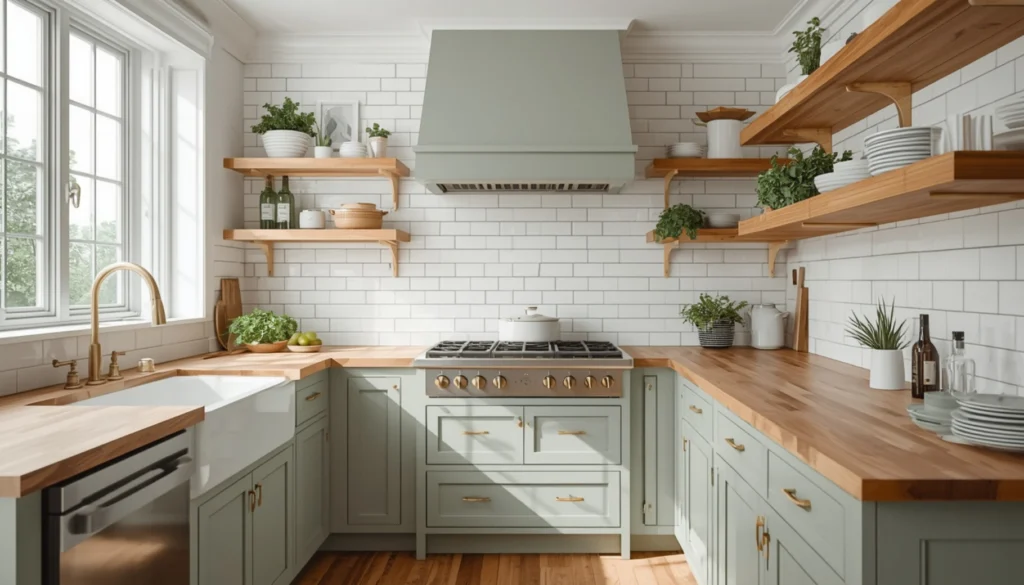 Sage Green Kitchen with White Subway Tile