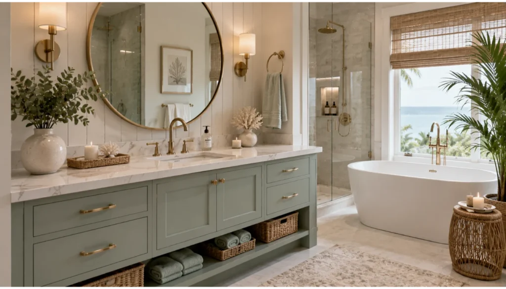 Seafoam Green Cabinets with Brass Hardware