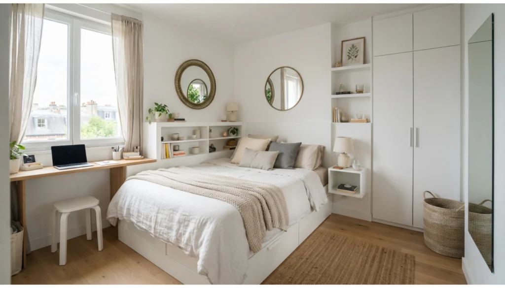 Small White Bedroom With Space Saving Design