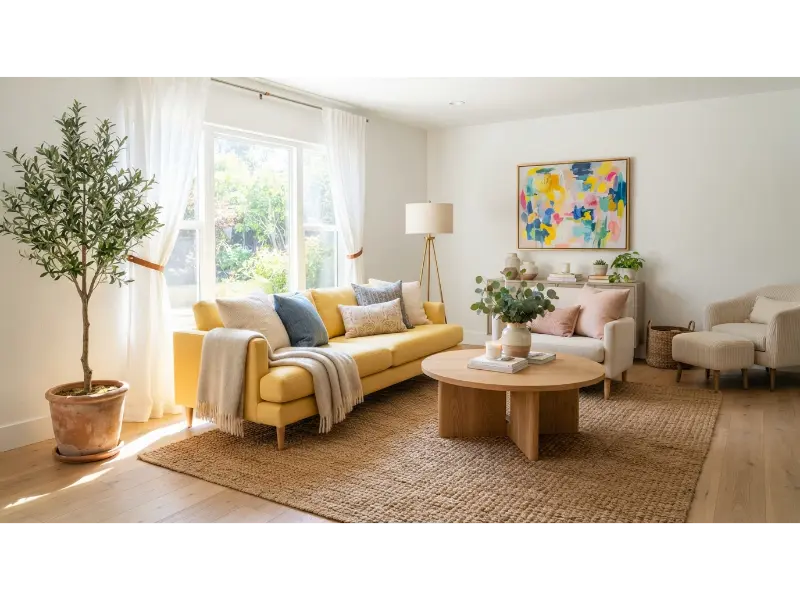 Sunlit Yellow and Crisp White Living Room