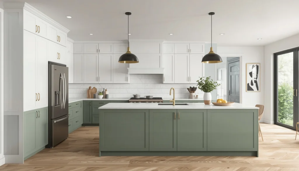 Two Tone Sage Green and White Kitchen