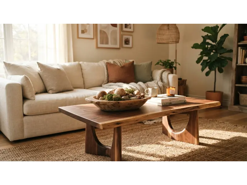 Use a Low Wooden Bowl Filled with Natural Elements