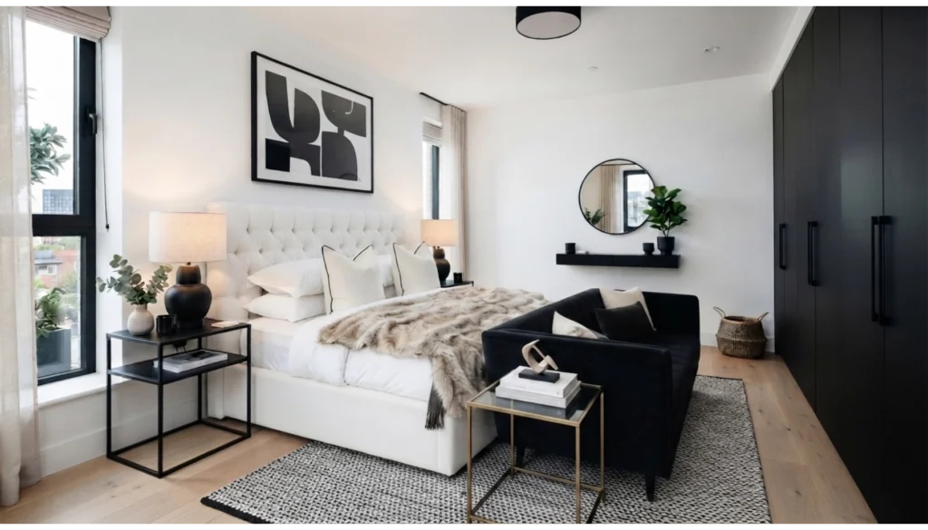 White Bedroom With Black Accent Details