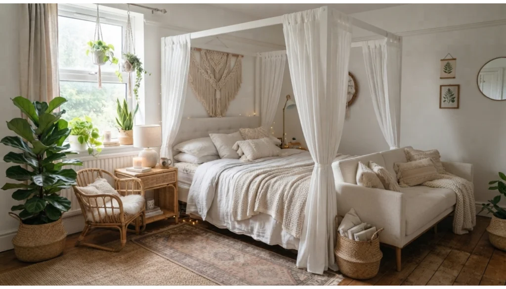 White Bedroom With Bohemian Style Elements