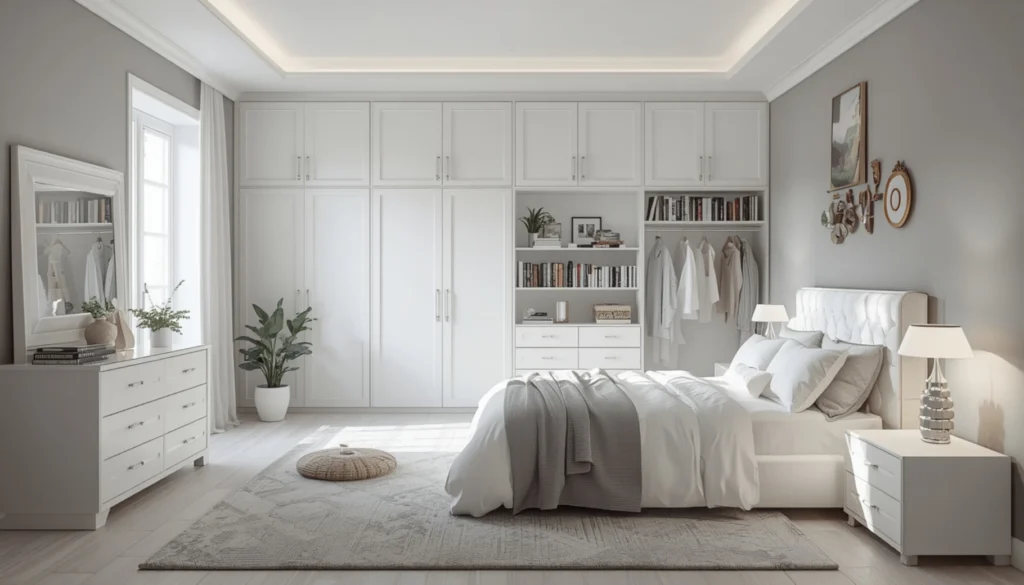 White Bedroom With Built In Storage Solutions