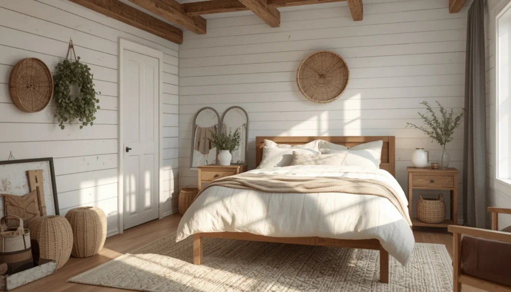 White Bedroom With Farmhouse Shiplap Walls