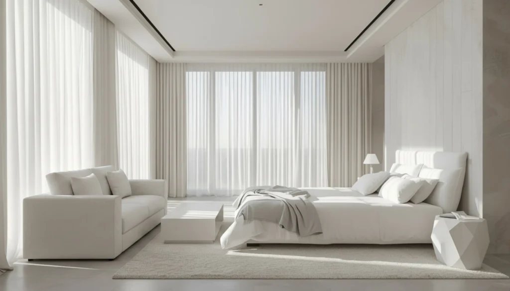 White Bedroom With Floor To Ceiling Curtains