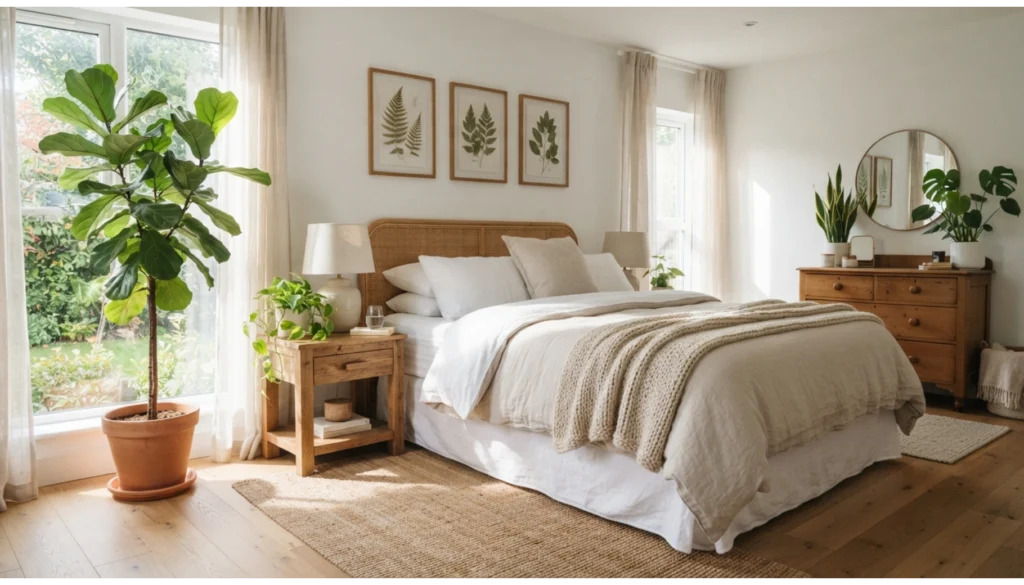 White Bedroom With Greenery and Nature Inspired Decor