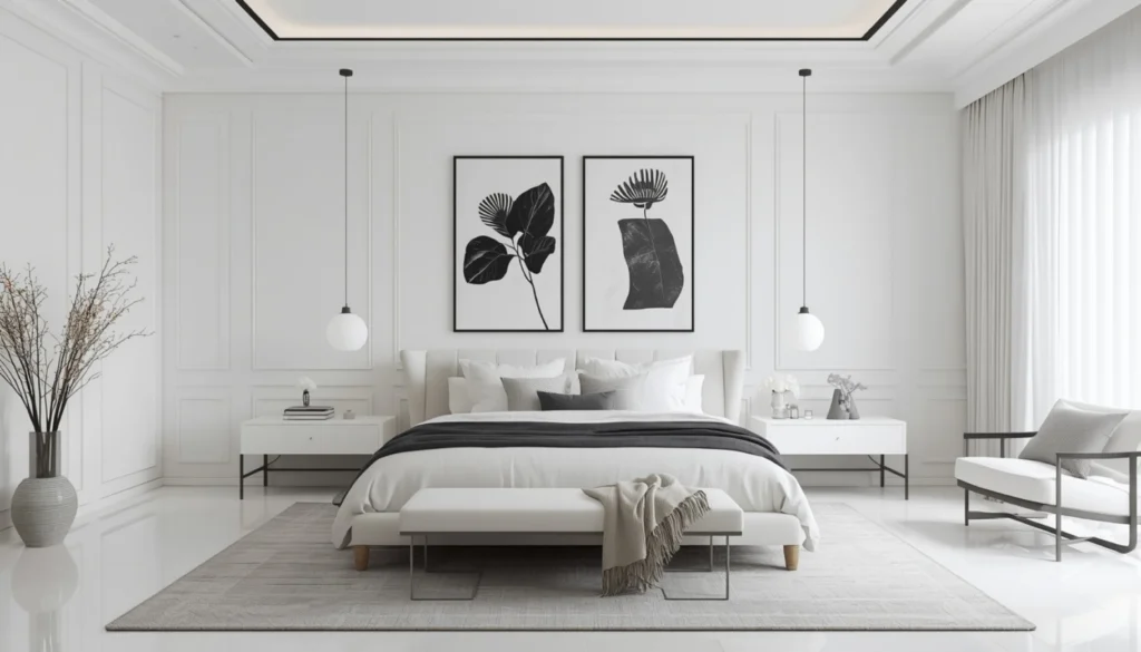 White Bedroom With Modern Black And White Artwork