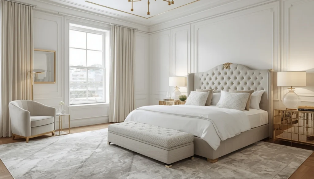 White Bedroom With Velvet Furniture Accents