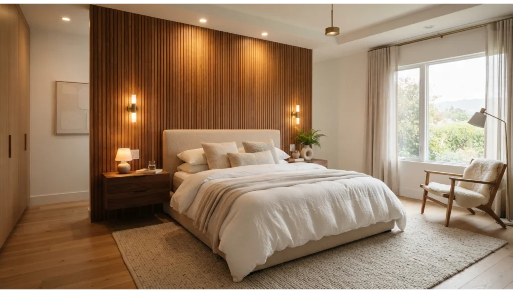 White Bedroom With Wooden Accent Wall