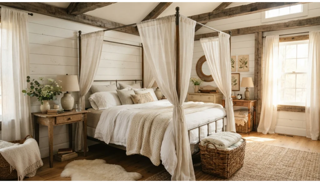 White Farmhouse Bedroom With Rustic Details
