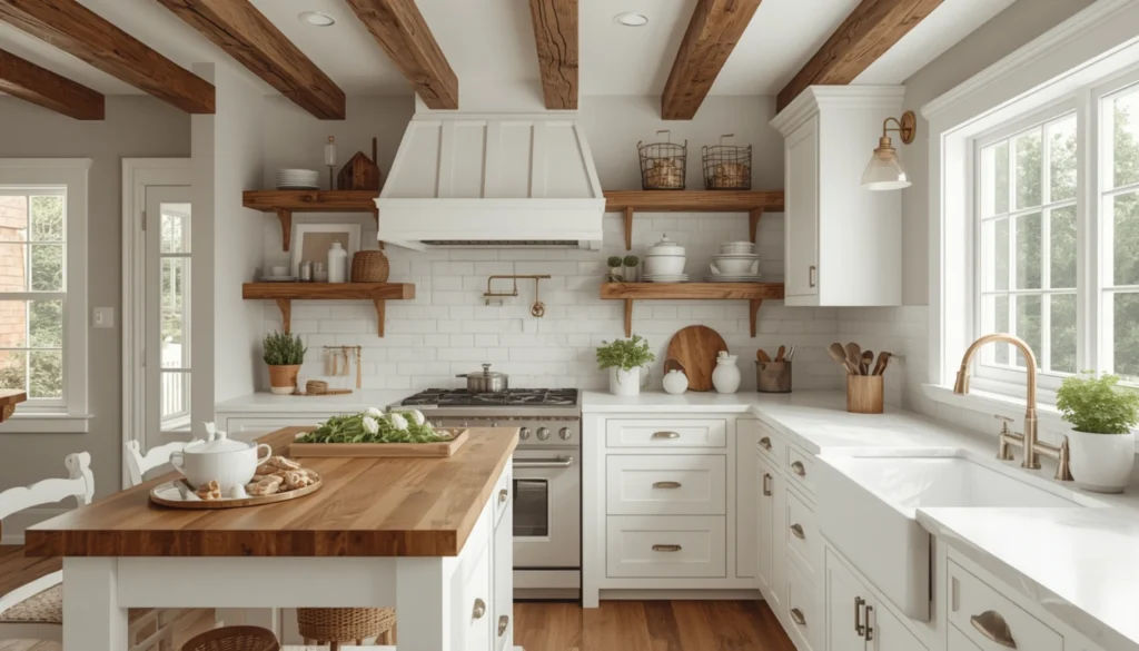 White Farmhouse Kitchen with Rustic Wood Accents