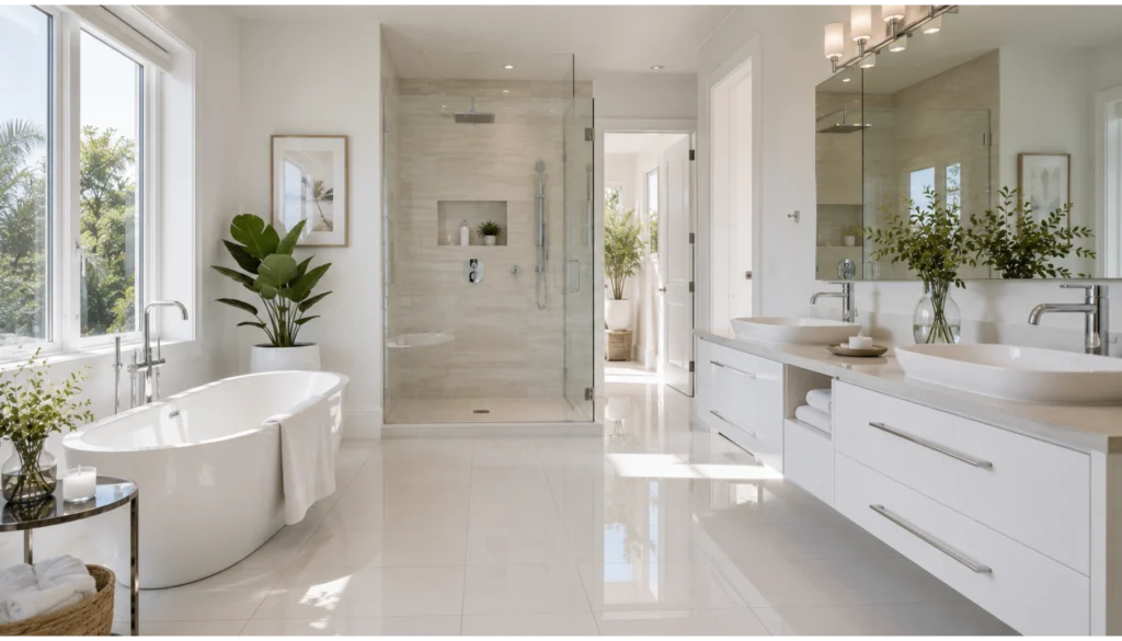 White Glossy Tile Bathroom Flooring