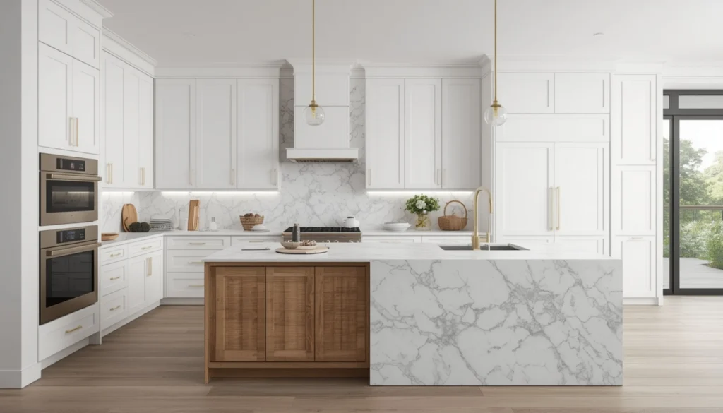 White Kitchen with Full Height Marble Backsplash