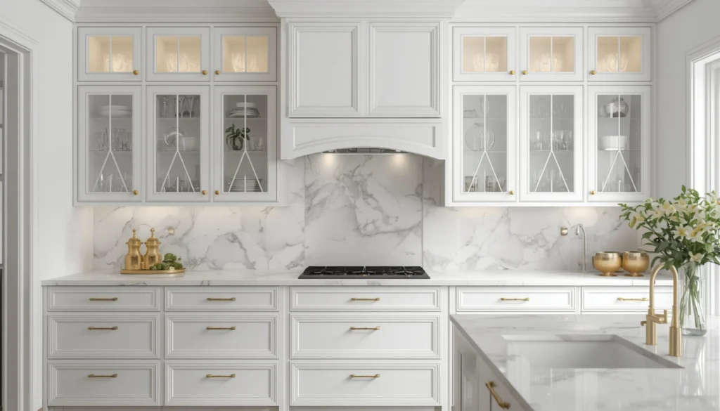 White Kitchen with Glass Front Cabinets