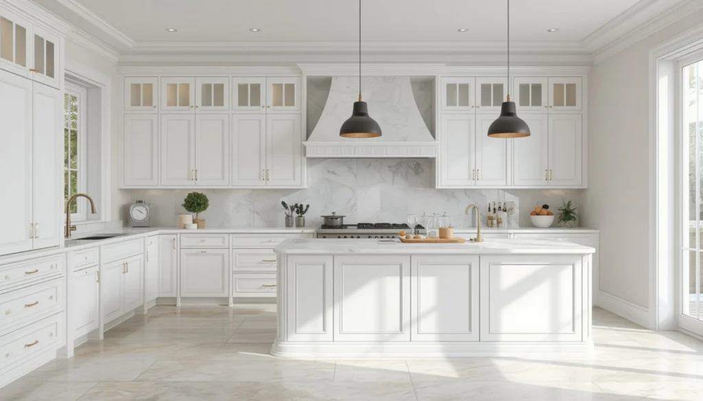 White Kitchen with Natural Stone Flooring