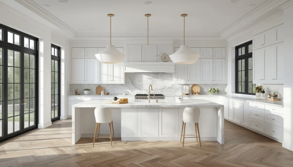 White Kitchen with Statement Pendant Lighting