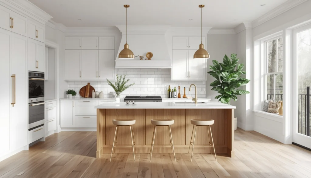 White Kitchen with Warm Wood Cabinets on the Island