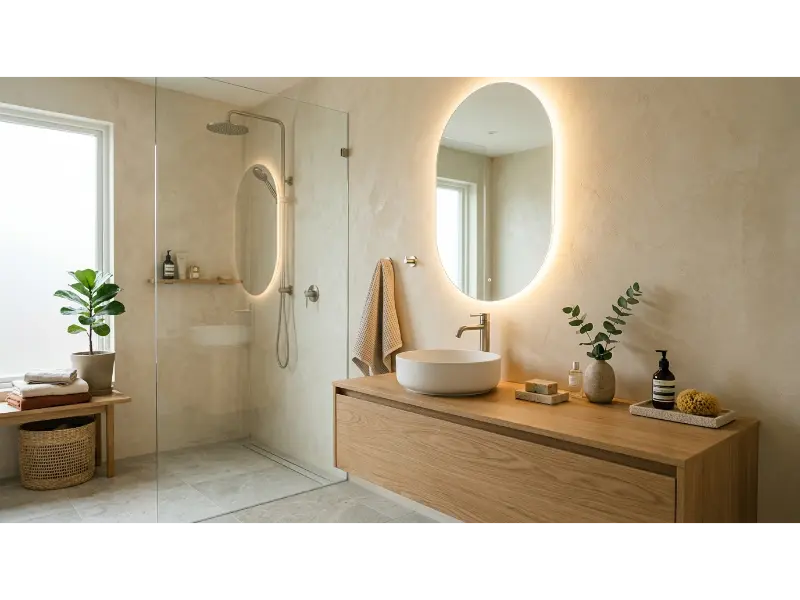 Backlit Oval Mirror With Floating Vanity
