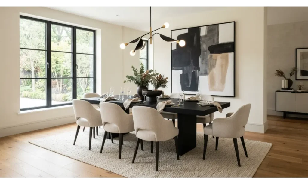 Black Dining Table with Light Chairs