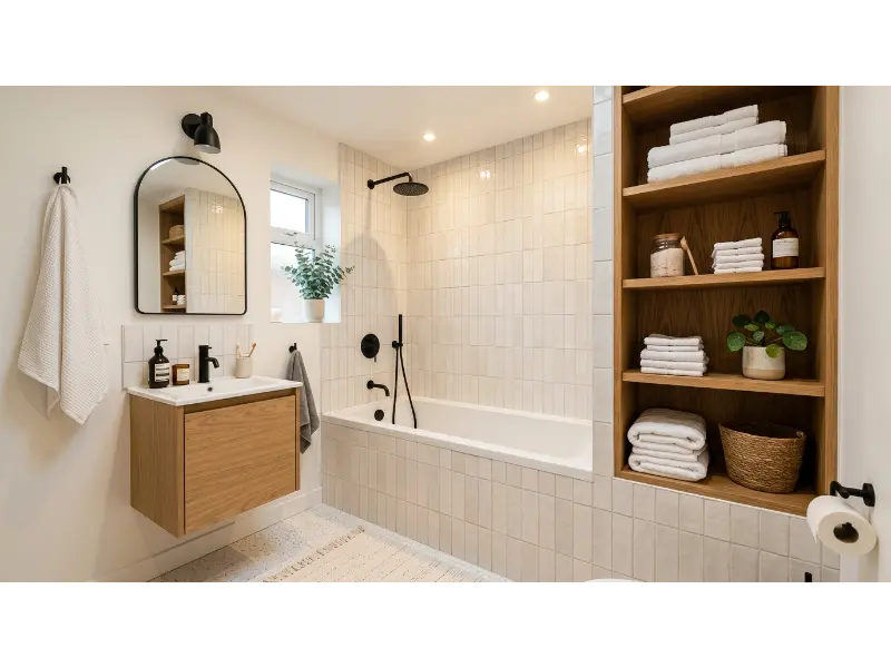 Built In Shelving Above the Tub