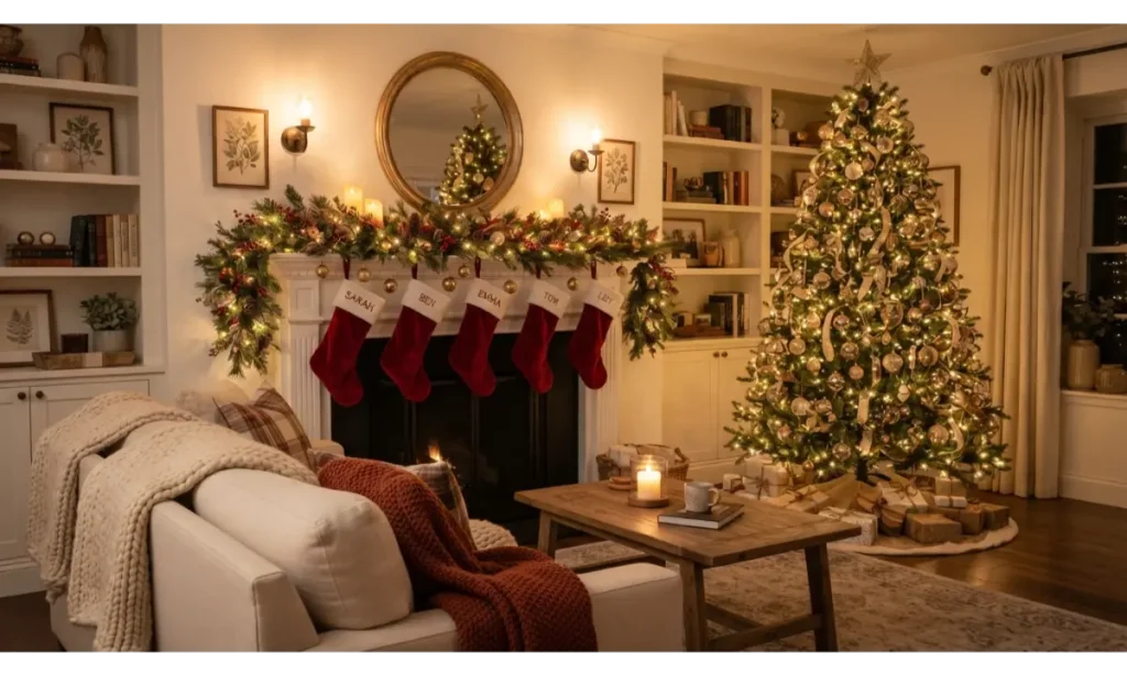 Christmas Light Indoor Ideas Around a Fireplace