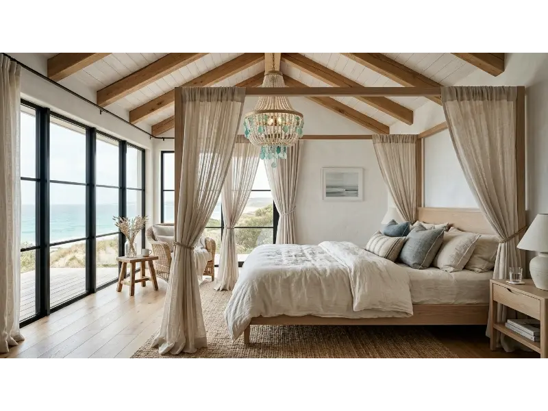 Coastal Bedroom With Natural Wood Ceiling