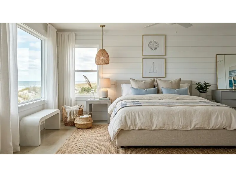 Coastal Bedroom With Shiplap Walls