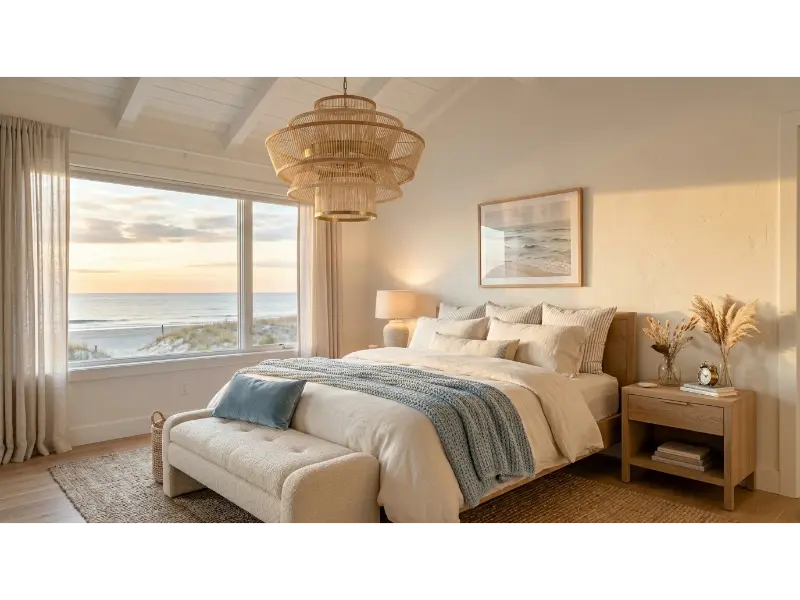 Coastal Bedroom With Woven Pendant Lighting