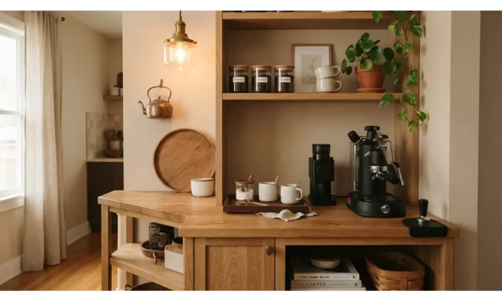 Coffee Bar Decor Ideas With a Warm Wood Cabinet