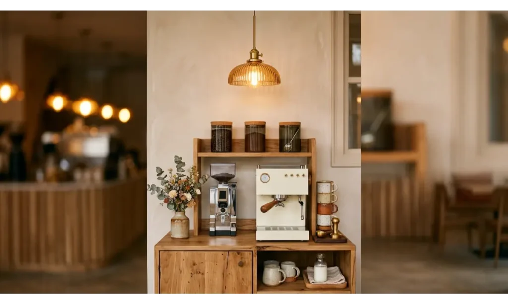 Coffee Bar With Warm Pendant Lighting