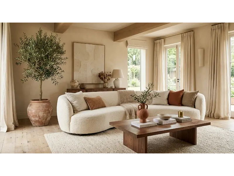 Cream Boucle Sofa With Natural Accents