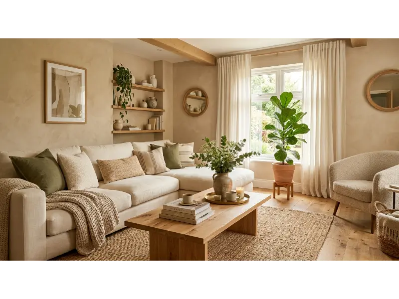 Earthy Living Room Ideas With Warm Beige and Natural Wood