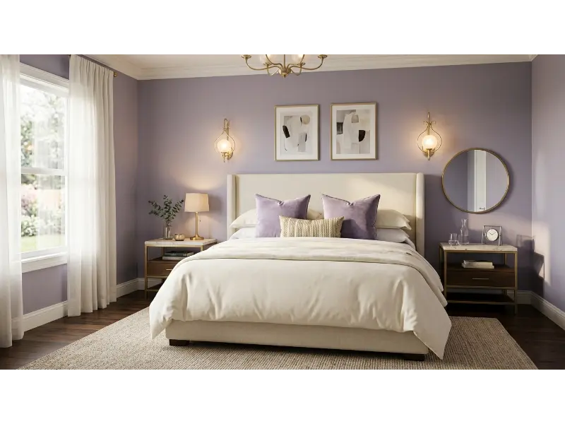 Elegant Lavender Bedroom With Brass Accents