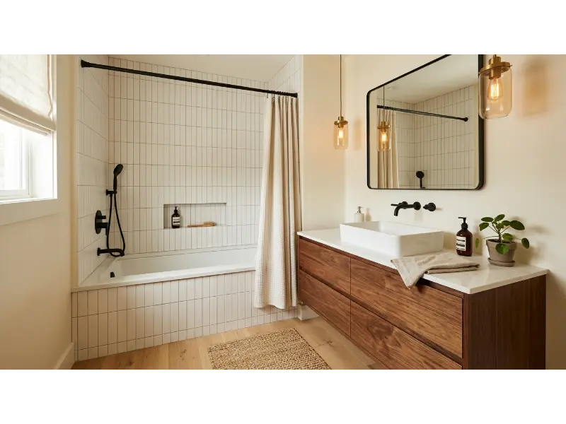 Floating Vanity Beside a Compact Tub